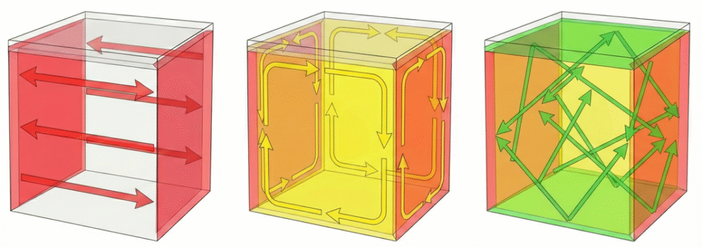 Diagrama comparativo dos três tipos de modos acústicos: axial, tangencial e oblíquo