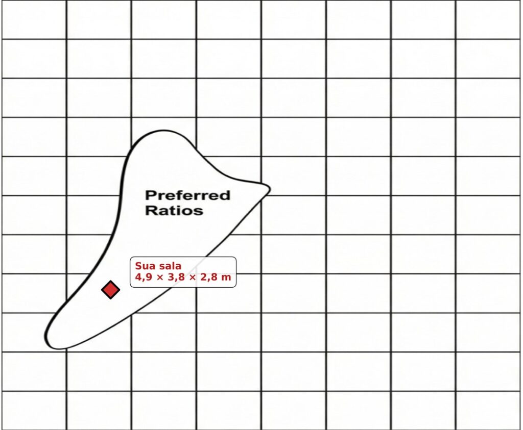 Gráfico 3D mostrando a zona de Bolt com proporções recomendadas para salas retangulares